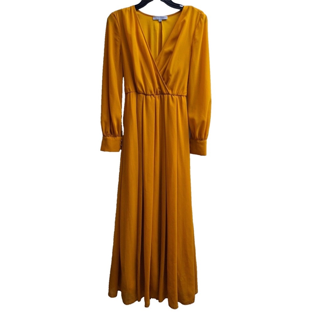 Baltic Born Lydia Maxi Dress Mustard Yellow A-Line V Neck Long Sleeve Sz Small